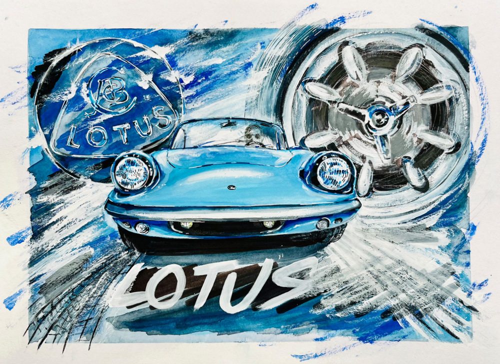 Ein Lotus in Aquarell von der Künstlerin festgehalten für die Arbon Classics. Es ist ein blauer Sportwagen mit dynamischen Linien festgehalten. Für eine aktuelle Ausstellung in der Galerie Gina Aby in Arbon.