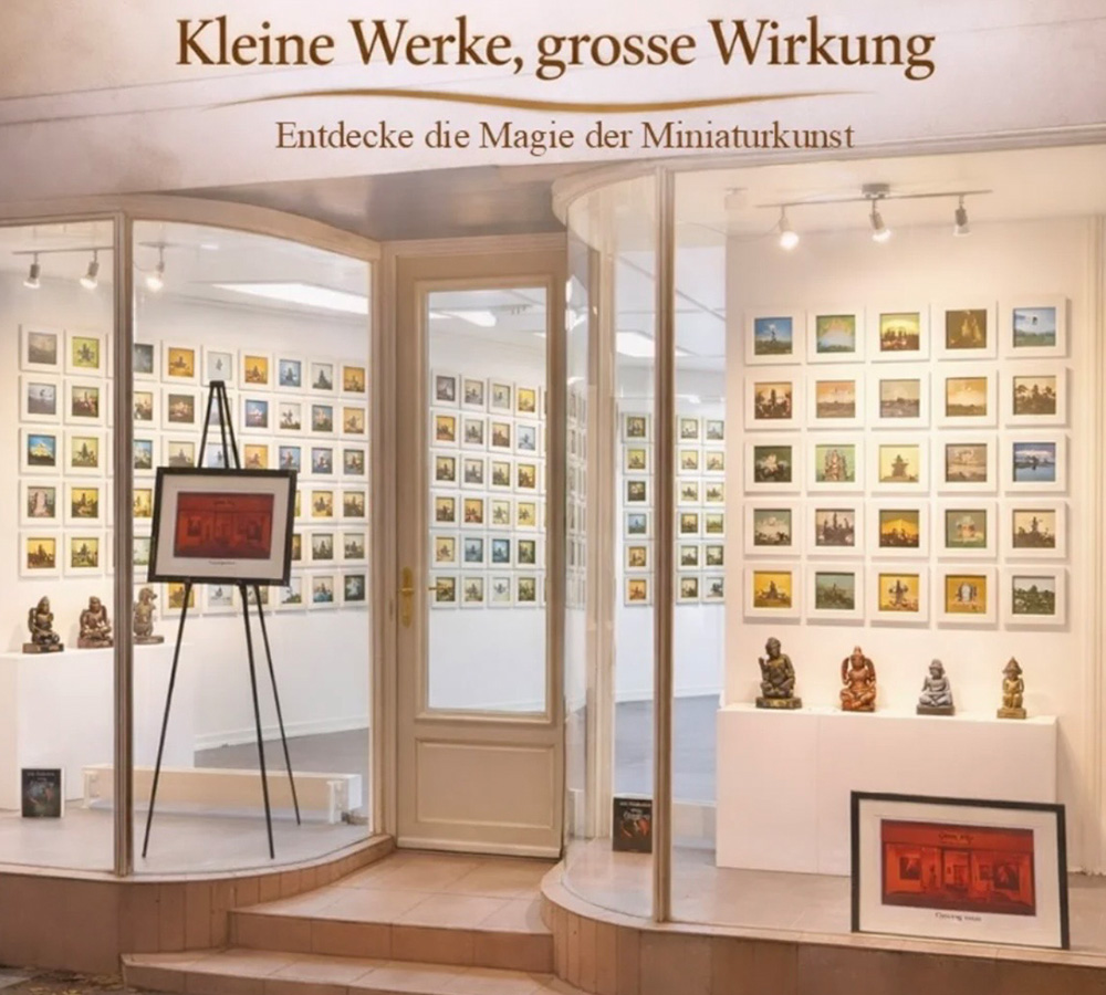 Anzeige für die Ausstellung Miniaturen - Kleine Werke grosse Wirkung in Arbon am Bodensee. Die Künstlerin Sancini nimmt im August 2026 teil.