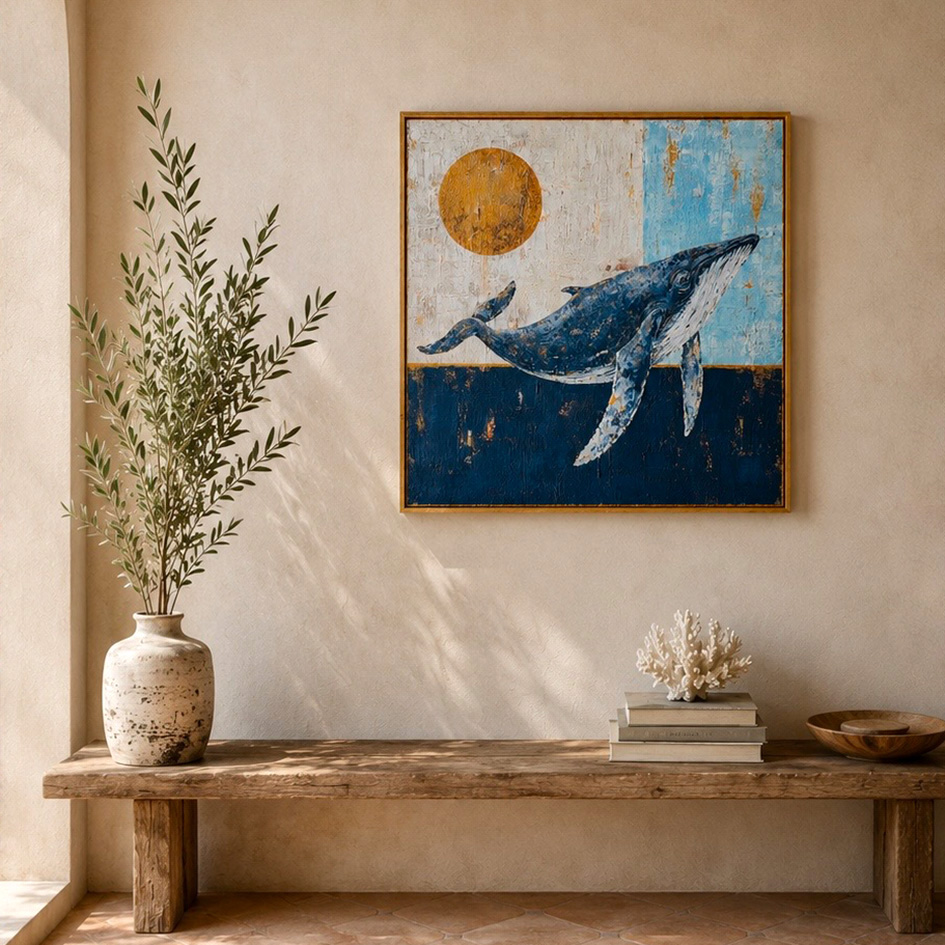 Ambiente mit dem Kunstwerk "Atem des Ozeans". Es zeigt ein Werk der Künstlerin Sancini aus der Ostschweiz in einer maritimen Umgebung. Das Bild ist aus Acryl gemalt.