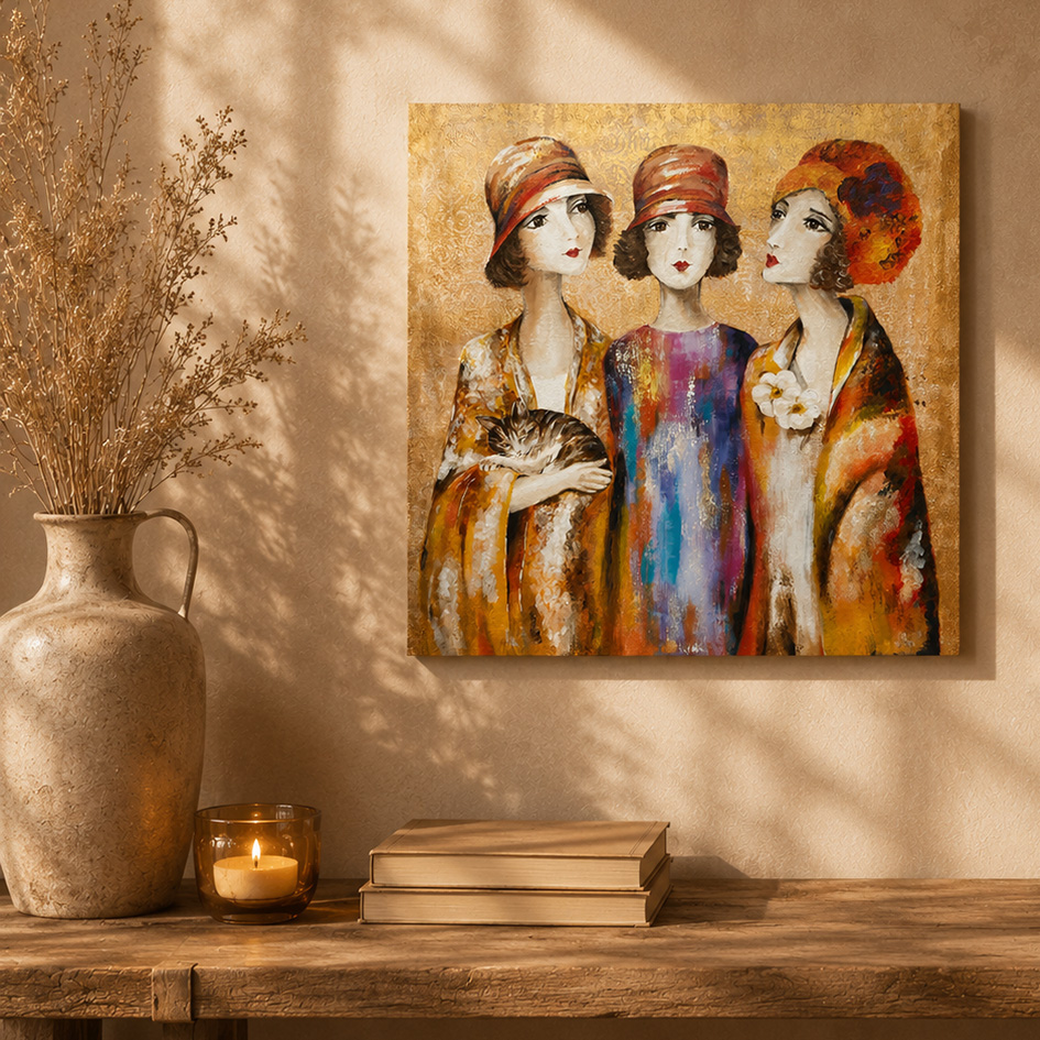 Handgemaltes Frauenbild im Vintage Stil mit drei eleganten Frauenfiguren und Katze in warmen Farbtönen von der Künstlerin Sancini aus der Schweiz.