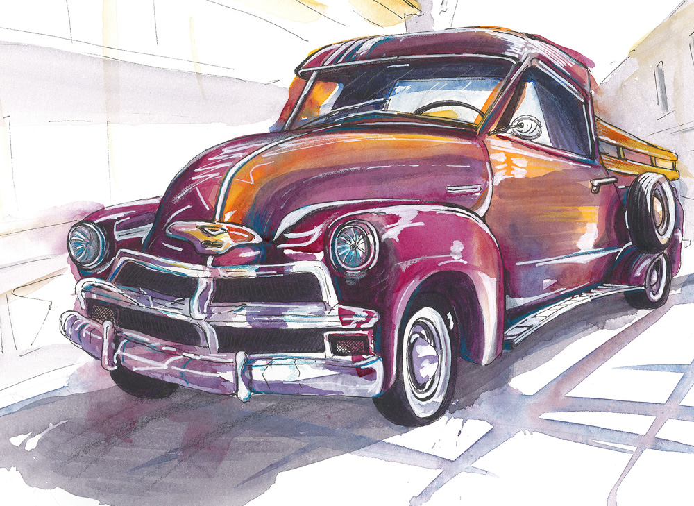 Ein Pick-UP Chevrolet 3100 in Aquarell von der Künstlerin festgehalten für die Arbon Classics. Für eine aktuelle Ausstellung in der Galerie Gina Aby in Arbon.
