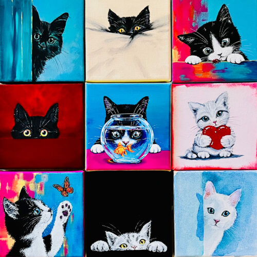 Klein & Fein - handgemalte Katzenbilder auf Leinwand, Originalkunst im Format 15 x 15 cm von Sancini. Mit Acryl gemalt.