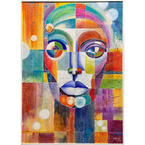 Abstraktes Portrait mit geometrischen Formen und bunten Farben, Acryl und im Mixed-Media-Styl