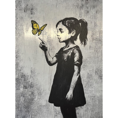 Ein mit Acryl gemaltes Mädchen streckt den Finger aus und zeigt auf einen gelben Schmetterling. Das Bild heisst "Die Begegnung" und ist auf einer Aluminiumplatte gemalt. Das Werk ist auch in der Galerie aufgeführt.