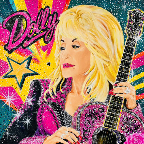 Dolly – Shine Your Own Way, handgemaltes Acrylbild auf Holz von Sancini, 80 × 80 cm, mit 580 Strasssteinen