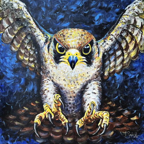 Ein Falke ist im Angriff und zeigt seine Krallen. Ein mit Acryl-gemaltes Bild auf Leinwand von der Künstlerin Priska Sancini von SanciniArt