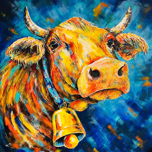 Kuh in Blau - handgemaltes Originalkunstwerk, Acryl auf Holz mit Strukturpaste, zeitgenössische Tierkunst von Priska Sancini aus der Ostschweiz.