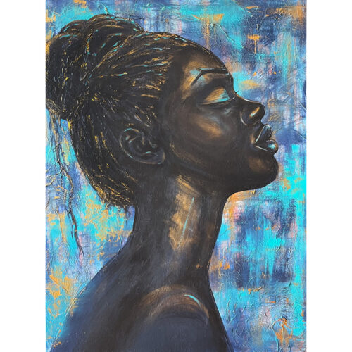 Losgelöst – handgemaltes Frauenporträt von Sancini, Mischtechnik in Türkis, Blau und Gold, 50 × 70 cm
