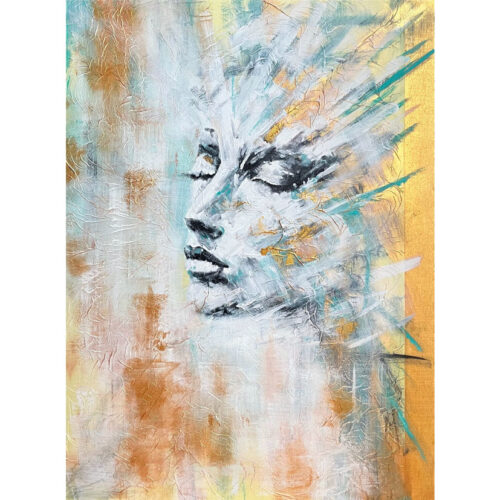 Ein Frauengesicht mit Acryl auf einer Holzplatte festgehalten. Harmonische Farben in Bronze, Weiss und Blau.