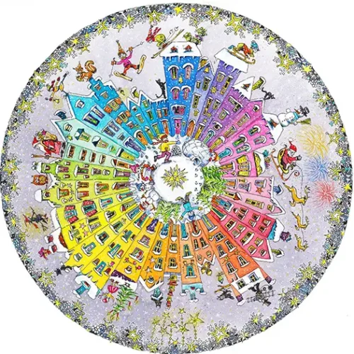 Rundes, buntes Kunstwerk mit spiralförmig angeordneten Häusern und winterlich-weihnachtlicher Szenerie voller verspielter Details. Im Kunst-Shop zu kaufen.