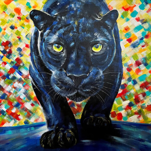Der schwarze Panther – farbiges handgemaltes Tierportrait in Acryl auf Leinwand von der Künstlerin Priska Sancini