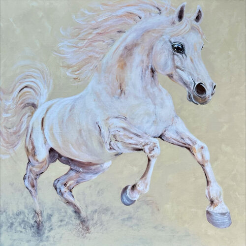 Weisses Pferd, Schimmel – Tanz des Windes: farbiges handgemaltes Tierportrait in Acryl auf Leinwand